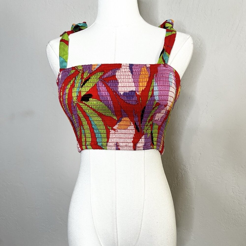 Lulus Crop‎ Top Shades of Summer Colorful Tropical Smocked Tie Strap Size XS NEW